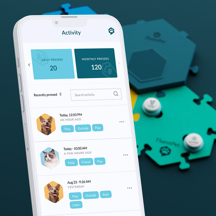 Every button press is captured through the FluentPet App so you can closely track your learner’s progress. Share milestones, get customized button teaching, and receive texts from your furry friend when you’re away.